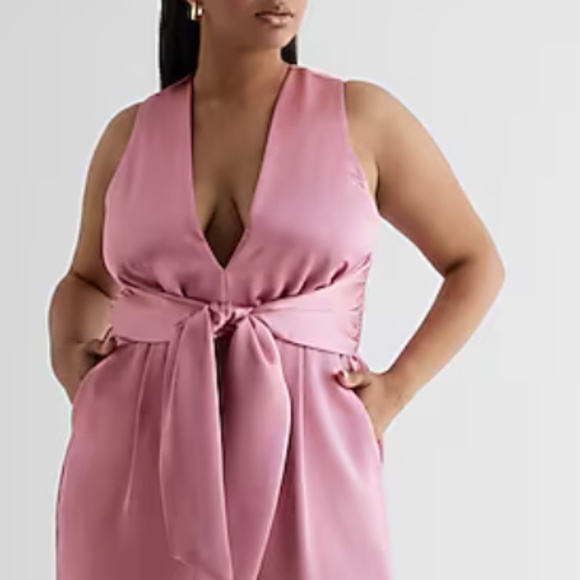 **bundled** Satin V-Neck Tie Waist Wide Leg Jumpsuit - Picture 3 of 5